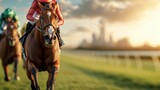 Exciting horse racing event at sunset urban racecourse sports action vibrant environment dynamic viewpoint