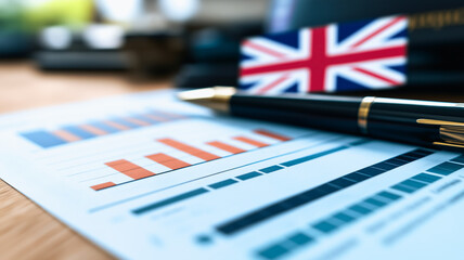 Poster - British Business Growth: A close-up image of a pen resting on a financial report, a British flag visible in the background, symbolizing growth and expansion in the UK market. 