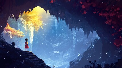 Poster - A Girl in a Magical Cave: Fantasy Landscape Painting