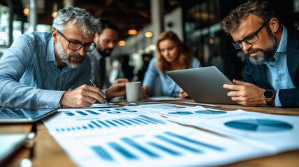 Poster - Analyzing the Numbers: A focused team of seasoned business professionals collaborate over financial charts and data, showcasing dedication and critical thinking in a modern office setting.  