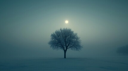 Wall Mural - Solitary frost-covered tree in foggy winter landscape under a bright moon.