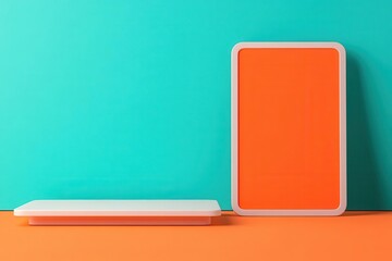 Poster - A minimalistic scene featuring an orange rectangular object on a turquoise background, with a white border and a flat surface.