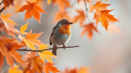 Wall Mural - Autumn Bird on Branch - Stunning Fall Scene