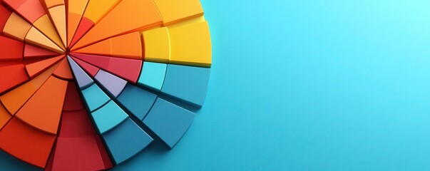 Poster - A vibrant circular arrangement of colorful segments set against a blue background, showcasing a harmonious blend of colors and geometric shapes.