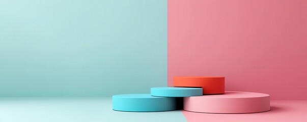 Poster - A minimalist composition featuring circular shapes in pastel colors against a split background of turquoise and pink.