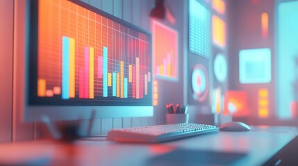 Poster - A modern workspace featuring vibrant data visualizations on screens, emphasizing technology and analytics.