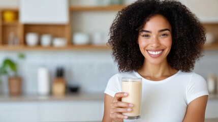 Happy woman blends fresh ingredients for a nutritious smoothie in her kitchen