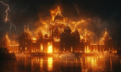 Wall Mural - Golden palace ablaze, lightning strikes, rain falls.