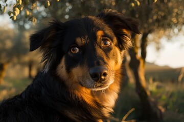 Wall Mural - Curious Dog Gazes Under Olive Trees in Golden Sunset Light