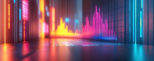 Poster - A vibrant digital space featuring colorful light bars and a wave pattern, suggesting a dynamic sound or data visualization environment.