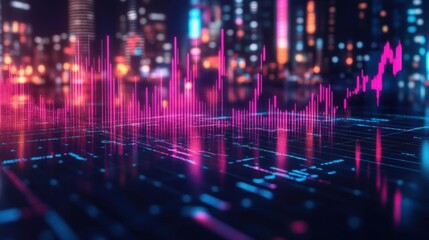 Poster - A vibrant, digital representation of sound waves against a futuristic city backdrop, showcasing colorful, illuminated bars and a high-tech aesthetic.