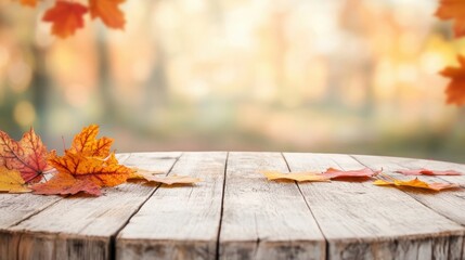 Wall Mural - Colorful autumn leaves rest on a rustic wooden table, creating a serene atmosphere in a softly blurred outdoor backdrop during fall