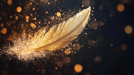 Poster - A shimmering golden feather glides softly against a dark backdrop, surrounded by luminous particles and a mystical atmosphere