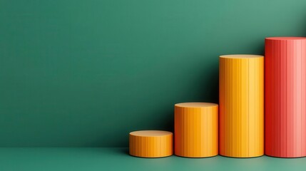 Poster - A vibrant bar chart with colorful cylindrical bars on a green background, illustrating growth or progress.