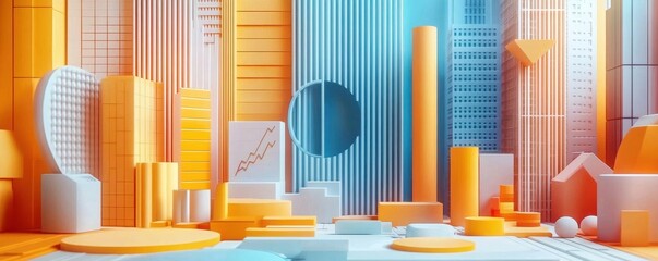 Poster - A vibrant abstract landscape featuring geometric shapes in orange, blue, and white, resembling a stylized cityscape.