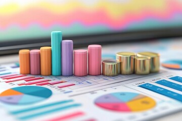 Poster - A colorful bar graph and pie charts displayed on a sheet, illustrating data analysis and financial insights.