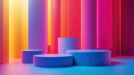 Poster - A vibrant display of geometric shapes and colorful vertical pillars, creating a modern, abstract environment.