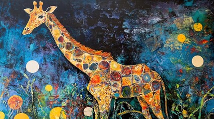 Wall Mural - Giraffe under the starry night: An abstract wildlife painting