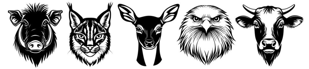  PNG Intricate animal head illustrations set, isolated on transparent background