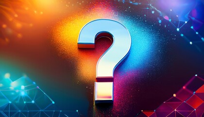 Poster - A vibrant, colorful image featuring a large, stylized question mark against a dynamic background of bright lights and abstract shapes.