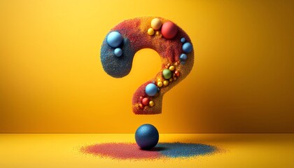Poster - A colorful question mark made of spheres floats above a vibrant surface, creating a whimsical and playful atmosphere.