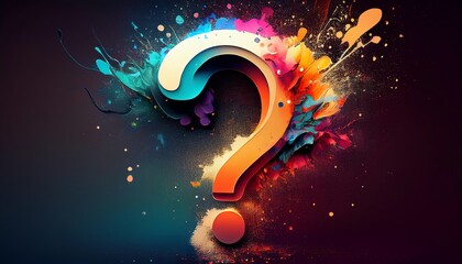 Poster - A vibrant, artistic representation of a large question mark surrounded by colorful splashes and abstract shapes.