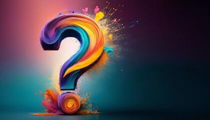 Poster - A colorful, artistic question mark surrounded by vibrant splashes, symbolizing curiosity and creativity against a dark gradient background.
