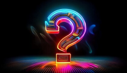 Poster - A vibrant, neon question mark glows against a dark background, symbolizing inquiry and curiosity in a digital aesthetic.