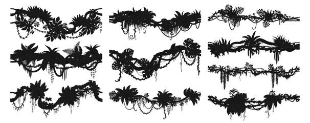 Wall Mural - tropical jungle forest liana branch silhouettes of rainforest ivy leaves, vector icons. tropical lia