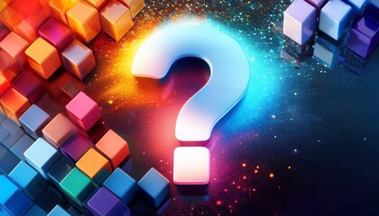 Poster - A vibrant, colorful question mark surrounded by cubes, symbolizing curiosity, creativity, and inquiry in a digital landscape.
