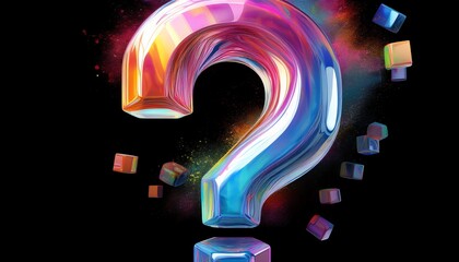 Poster - A colorful, 3D question mark surrounded by vibrant cubes, symbolizing inquiry, curiosity, and creativity against a dark background.