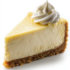 Wall Mural - Delicious Slice of Creamy Cheesecake with Whipped Topping on a White Background