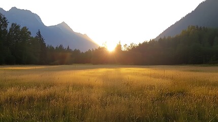 Wall Mural - A field of grass with a sun setting in the background