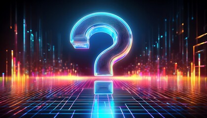 Poster - A vibrant, neon question mark stands out against a dark, futuristic background, symbolizing inquiry and curiosity in a digital world.