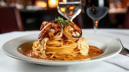 Wall Mural - A delicious plate of spaghetti topped with shrimp, served with a glass of water and red wine in a cozy dining setting.