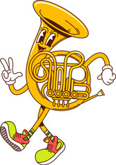 Poster - Cartoon french horn groovy musical instrument character. Isolated vector brass pipe, retro y2k personage with happy face flashing peace sign, inviting for music school or funky concert performance