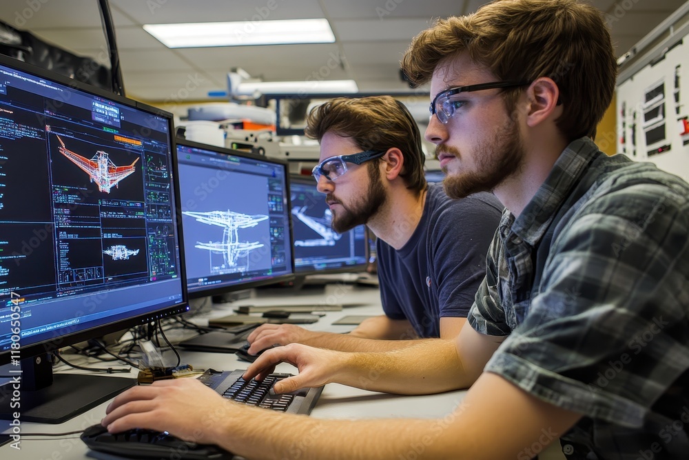 Two engineers collaborate on aircraft design, using advanced CAD ...