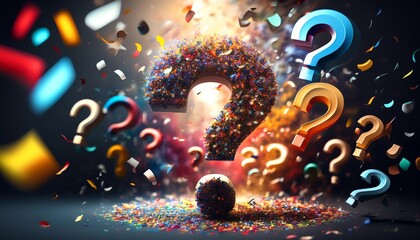 Poster - A vibrant explosion of colorful question marks surrounded by confetti, symbolizing curiosity and inquiry.