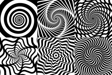 Poster - Psychedelic hypnotic swirl spiral pattern, hypnosis effect with optical illusion. Vertigo swirl vector backgrounds of black white wavy lines and spiral twirls. Abstract hypnotic geometric patterns set