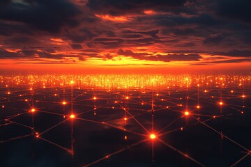 Poster - Fiery sunset over a network of glowing nodes. Illustrates interconnectedness, global network, or data flow.