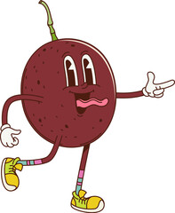 Poster - Cartoon retro groovy passion fruit character. Isolated vector funky tropical food personage joyfully teasing and flashing finger gun gesture with sticking tongue radiating playful energetic vibe