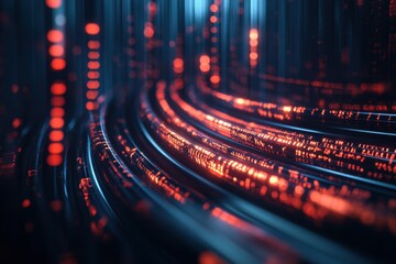 Poster - Abstract glowing fiber optic cables, red and blue hues. Illustrates data flow, network speed, or digital technology.