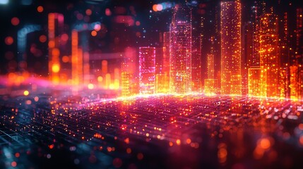 Poster - Futuristic city skyline with glowing lights and vibrant digital effects at night