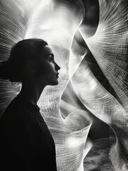 Poster - Woman Silhouette Abstract Light Waves Art Expression in Black and White Portrait Modern Background