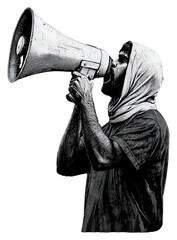 Poster - PNG An isolated black and white real man carry a megaphone freedom speech communication.