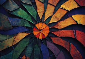 Poster - Vibrant Abstract Pattern Featuring Colorful Geometric Shapes Radiating from a Central Orange Circle, Perfect for Creative and Artistic Projects
