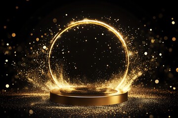 golden podium with a golden circle illuminated on a black background, an award ceremony concept for 