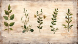 Weathered botanical print featuring various herbs and spices on textured background. This artwork showcases beauty of nature