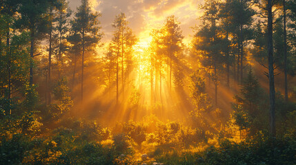 Wall Mural - Sunbeams pierce misty forest at sunrise.