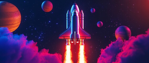 Wall Mural - spacecraft launching into vibrant cosmos amidst nebula clouds and planets.